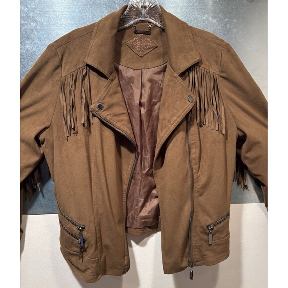 JouJou Faux Suede Leather Fringe Asymmetrical Zip Motorcycle Jacket Size Large - Picture 2 of 16